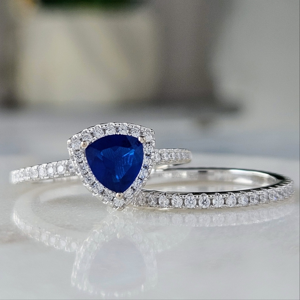 2-piece Trillion Sapphire Ring Set, size 7, 925 Sterling Silver Charmed Aroma